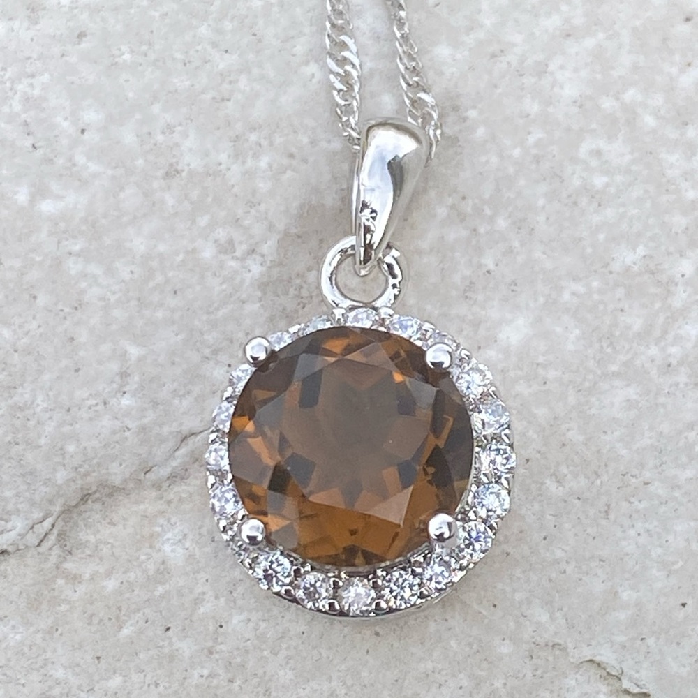 Smoky Topaz around Halo necklace 14k white gold plated 10 mm Gold Coast New